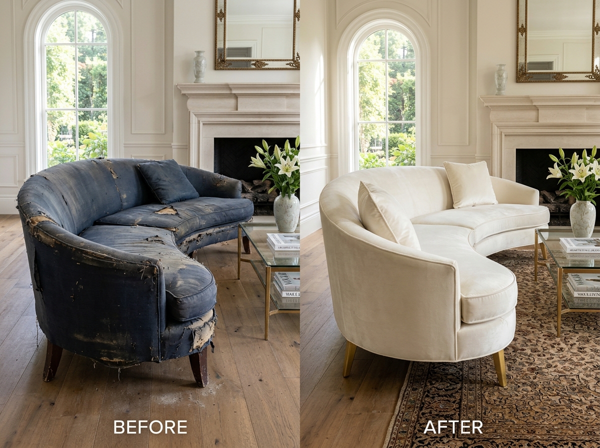 Genuine sofa reupholstery and restoration before and after transformation by Vinay Sofa & Chair Repairing